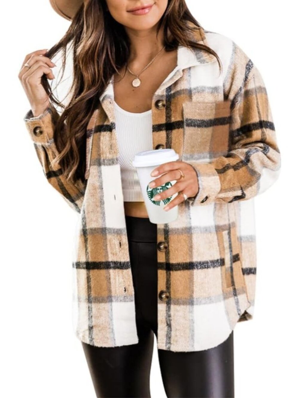 Women's Caramel Fall Plaid Long Sleeve Bust Pocket Button Down Flannel Shacket